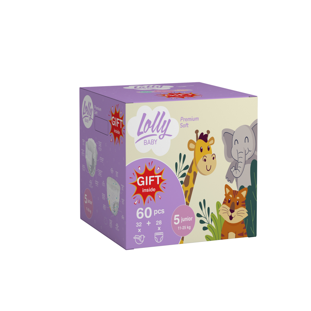 Підгузки Lolly Premium Soft розмір 5 (11-25 кг) Підгузки 32 шт + Підгузки-трусики 28 шт + Подарунок (4820174981198) - зображення 1