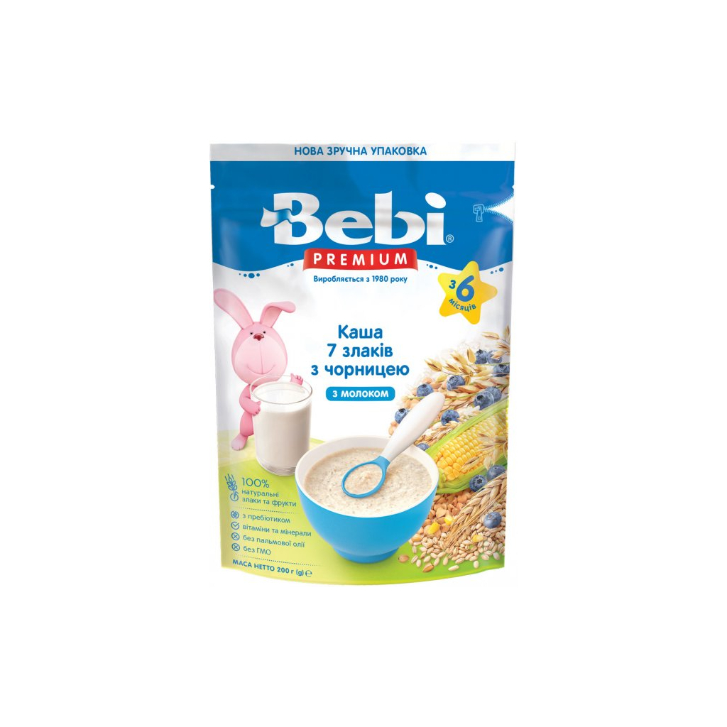 Дитяча каша Bebi Premium молочна 7 злаків з чорницею +6 міс. 200 г (3838471020985) - зображення 1