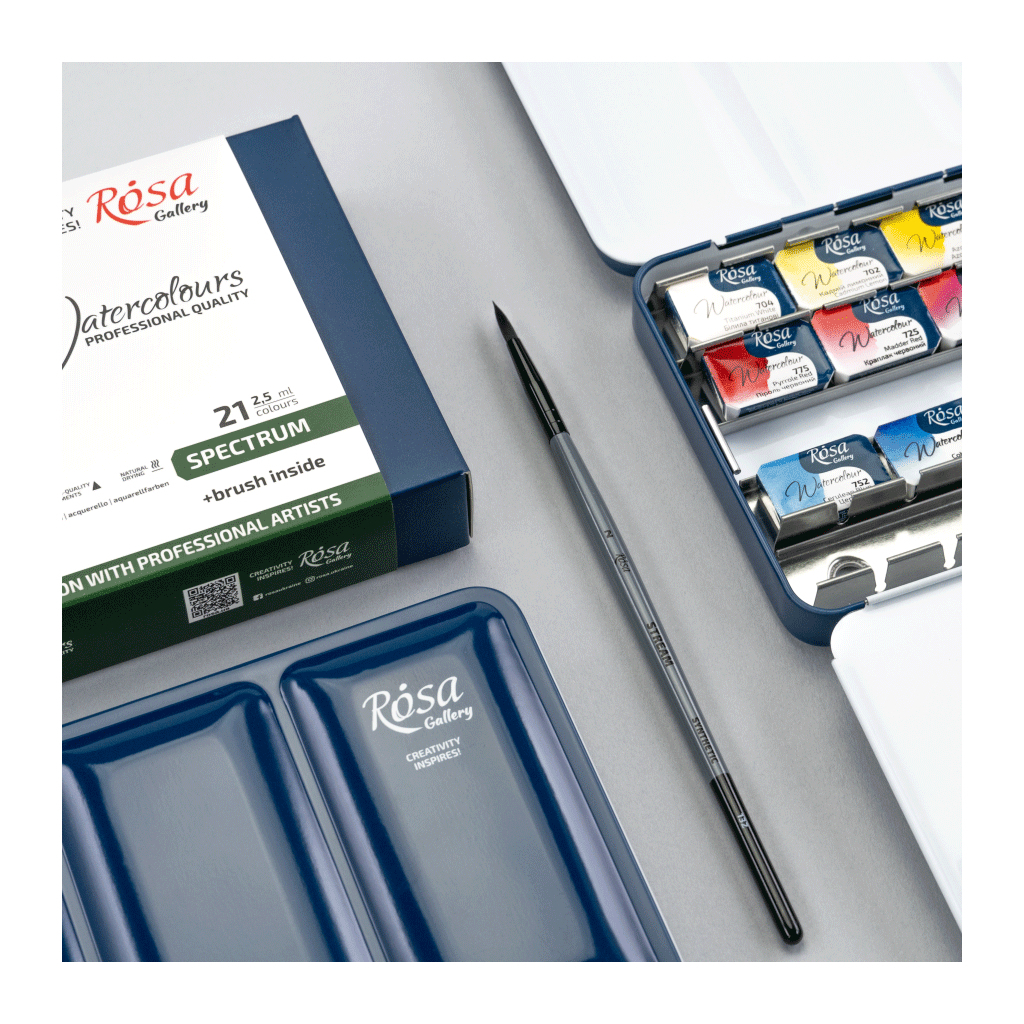 Акварельні фарби Rosa Gallery SPECTRUM, 21*2,5мл, з пензлем, кювета Індіго металевий пенал (4823098544777) - picture 3