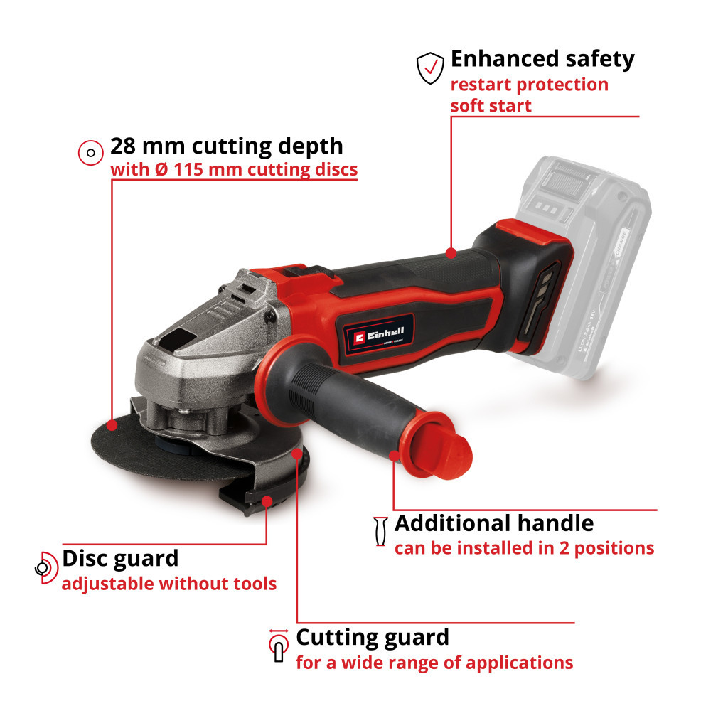 Шліфувальна машина Einhell TE-AG 18/115-2 Li - Solo PXC 18В, 115мм, 8500об/хв, 1.7кг (без АКБ та ЗП) (4431166) - изображение 7
