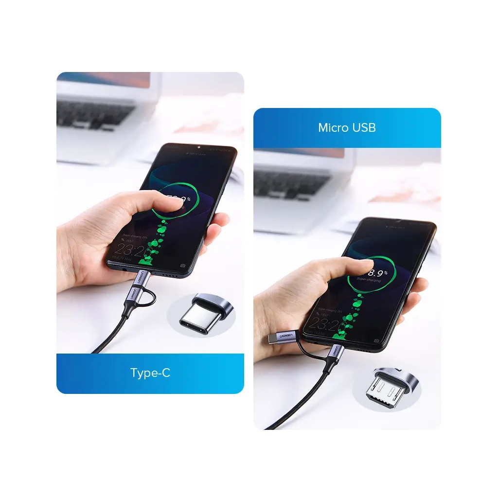 Дата кабель USB 2.0 AM to USB-C + Micro 5P 1.0m 3A US177 black Ugreen (30875) - зображення 4