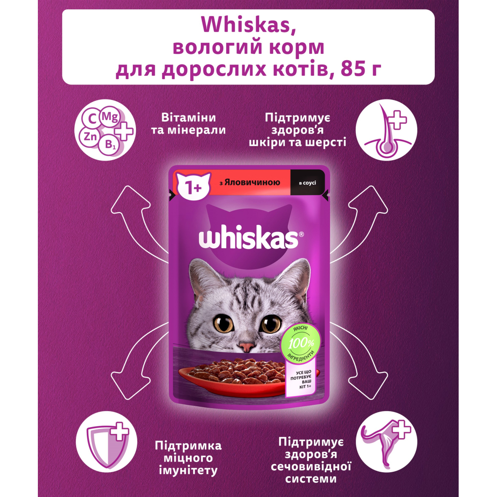 Вологий корм для кішок Whiskas Яловичина в соусі 85 г (5900951301940) - зображення 4