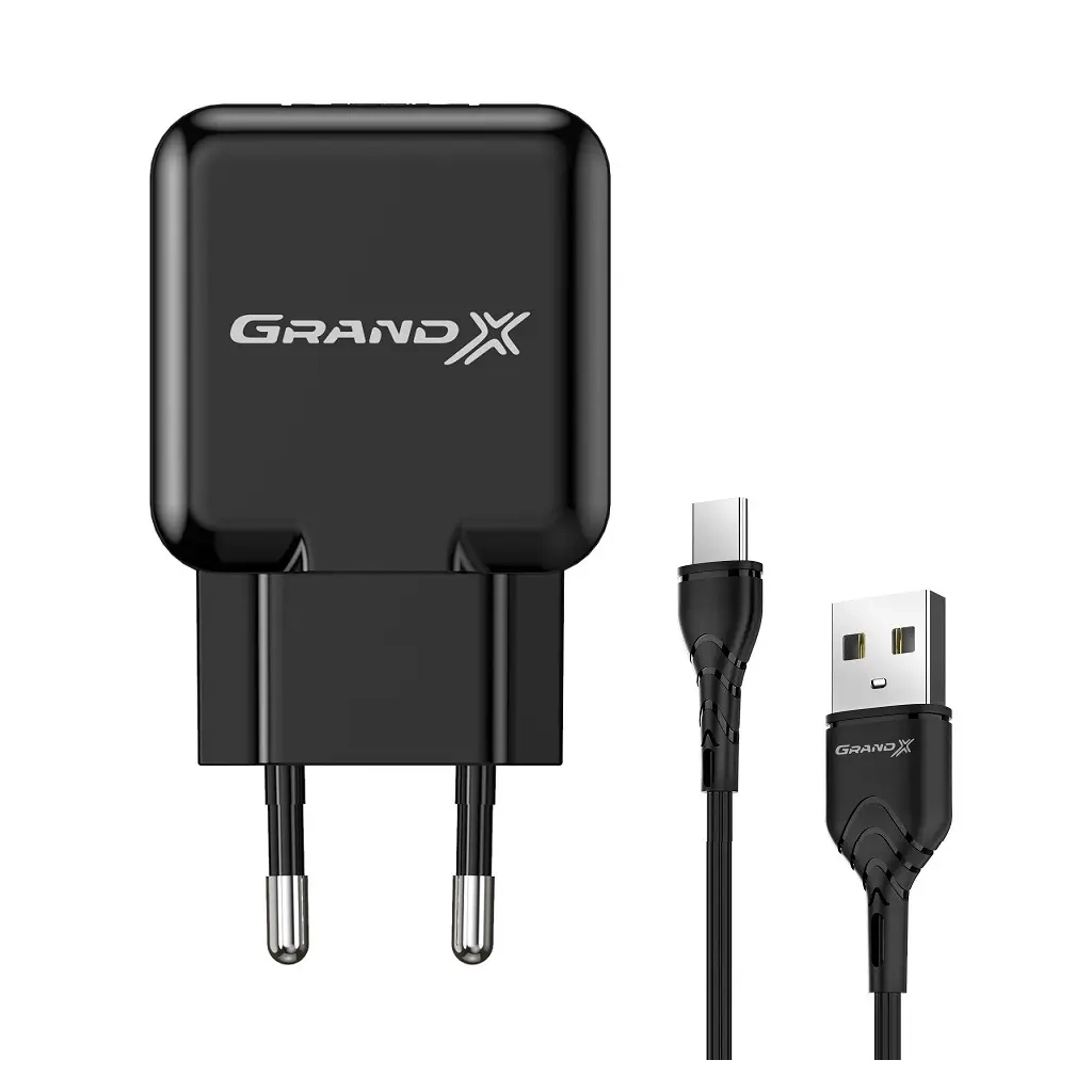 Зарядний пристрій Grand-X CH-03T USB 5V 2,1A Black + cable USB -> Type C, Cu, 4A, TPE (CH-03T) - зображення 1