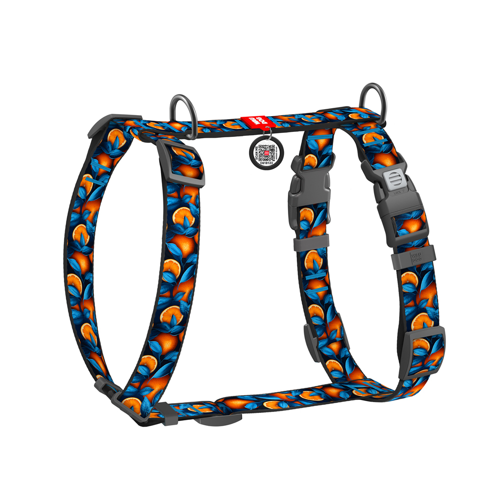 Шлея для собак WAUDOG Nylon анатомічна H-подібна з QR-паспортом "Апельсини" пластиковий фастекс, XL (347-4054) - зображення 1