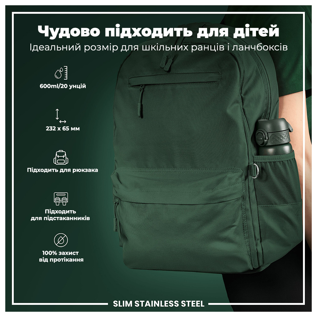 Пляшка для води ION8 OneTouch Stainless Steel 600 мл Dark Green (I8SS600DGRE) - зображення 5