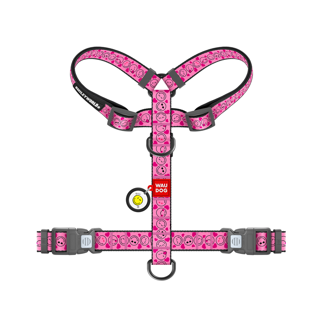 Шлея для собак WAUDOG Nylon анатомічна H-подібна з QR-паспортом "Смайли на рожевому" пластиковий фастекс, M (344-0187) - зображення 2