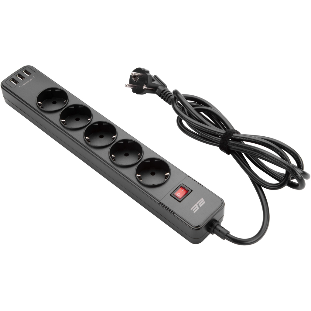 Мережевий фільтр живлення 2E 5XSchuko, 3G*1.5мм, 3*USB-A, 2м, black (2E-SP515M2USBBK) - зображення 1