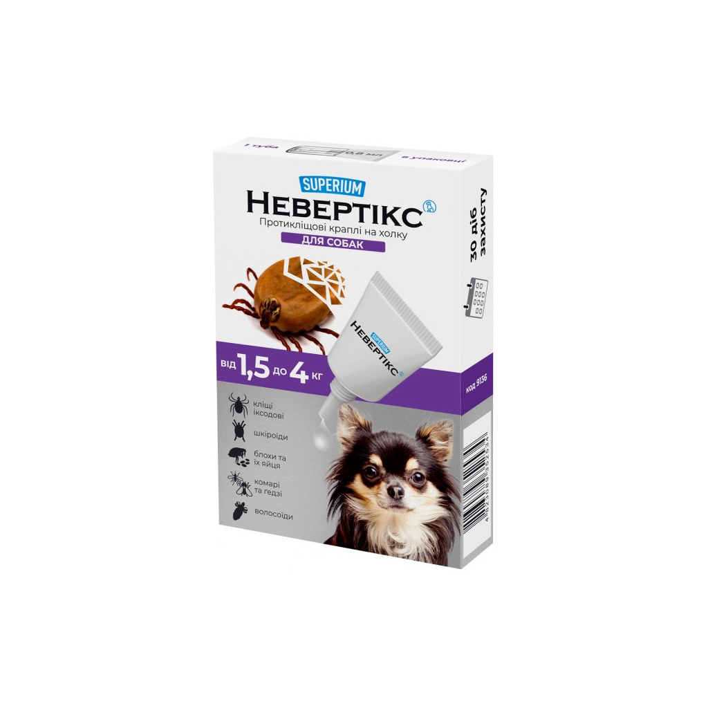 Краплі для тварин Superium Nevertix Протикліщові для собак від 1.5 до 4 кг (9136) - зображення 1