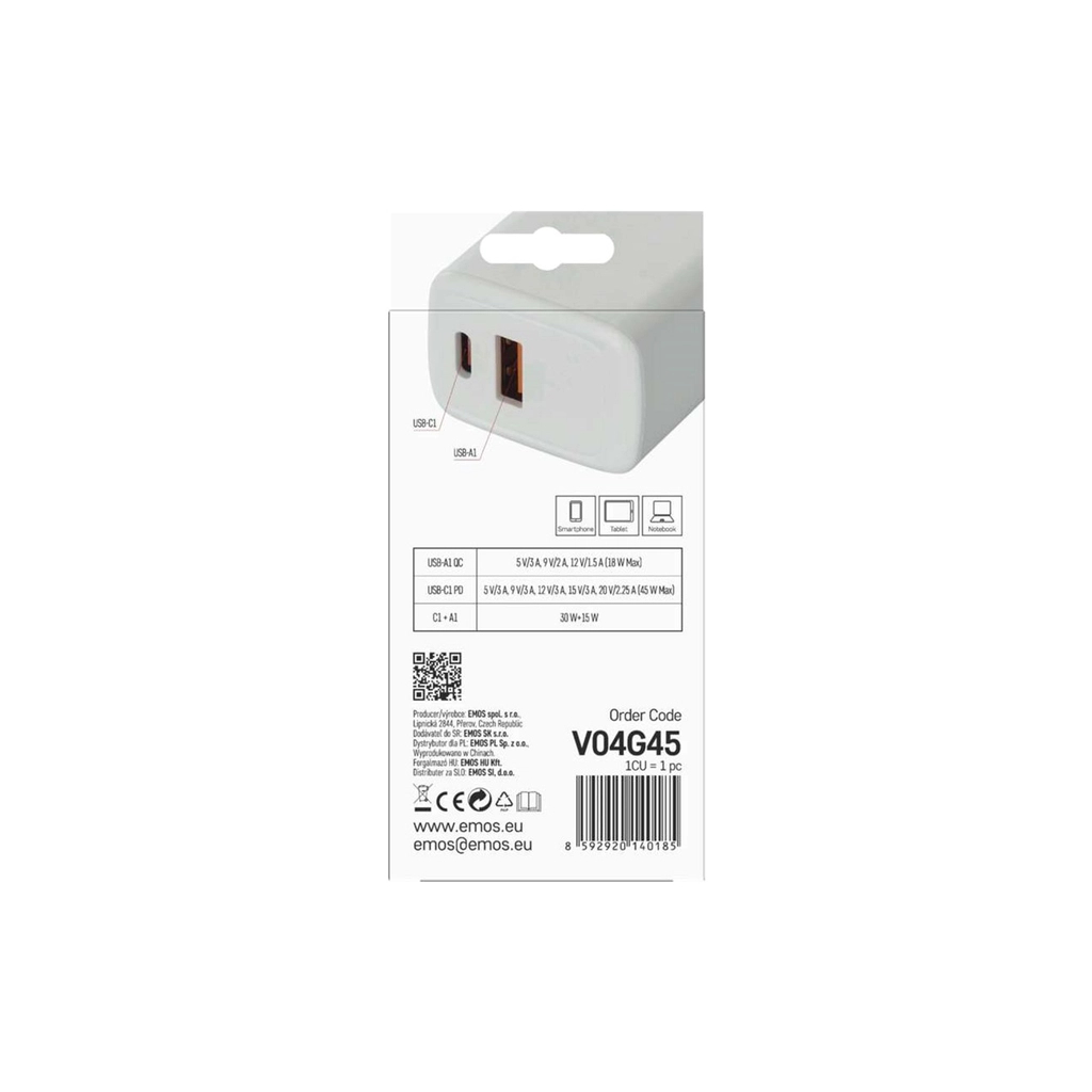 Зарядний пристрій EMOS V04G45 1xUSB-A + 1xUSB-C PD20W GaN (V04G45) - зображення 7