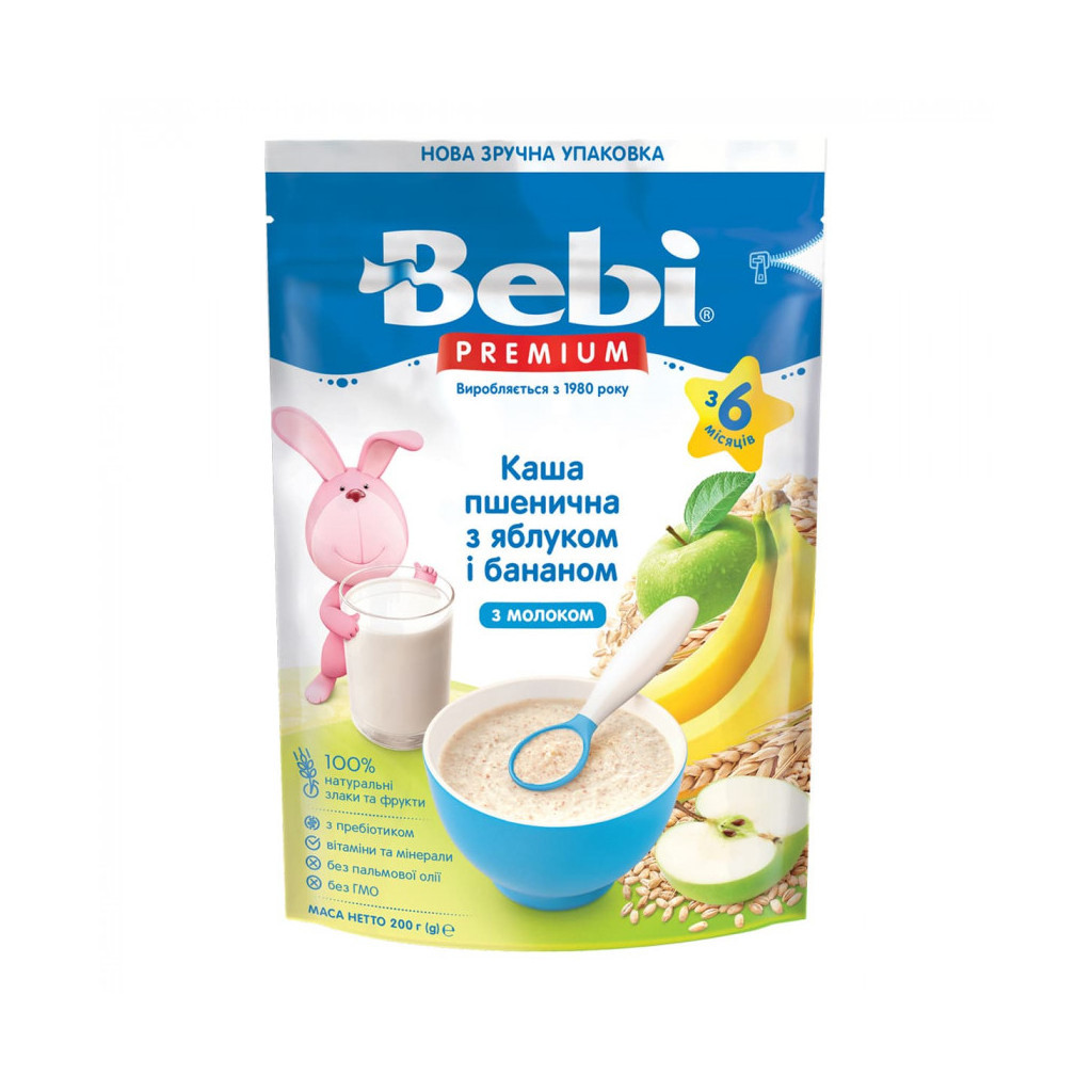 Дитяча каша Bebi Premium молочна пшенична з яблуком та бананом +6 міс. 200 г (8606019654344) - зображення 1