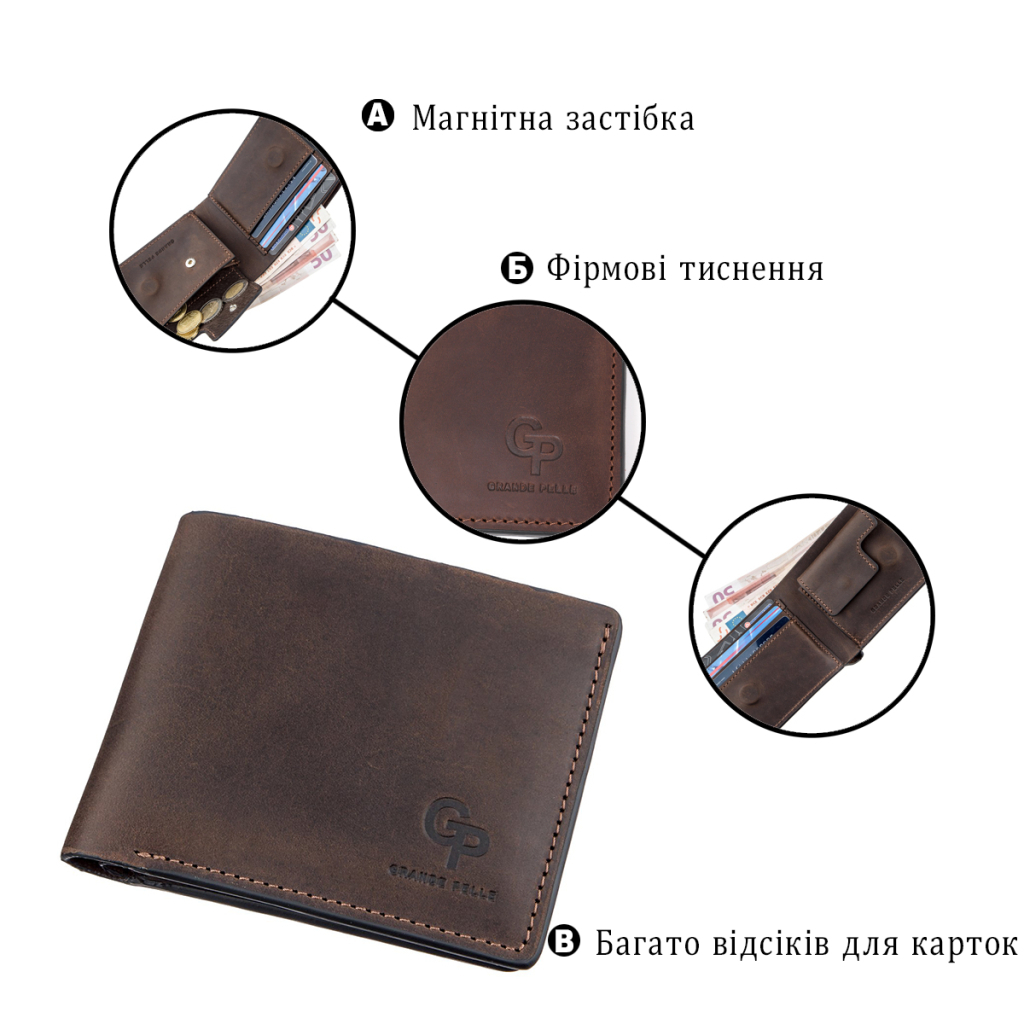 Портмоне Grande Pelle Унісекс на магніті Коричневе (11208) - зображення 4