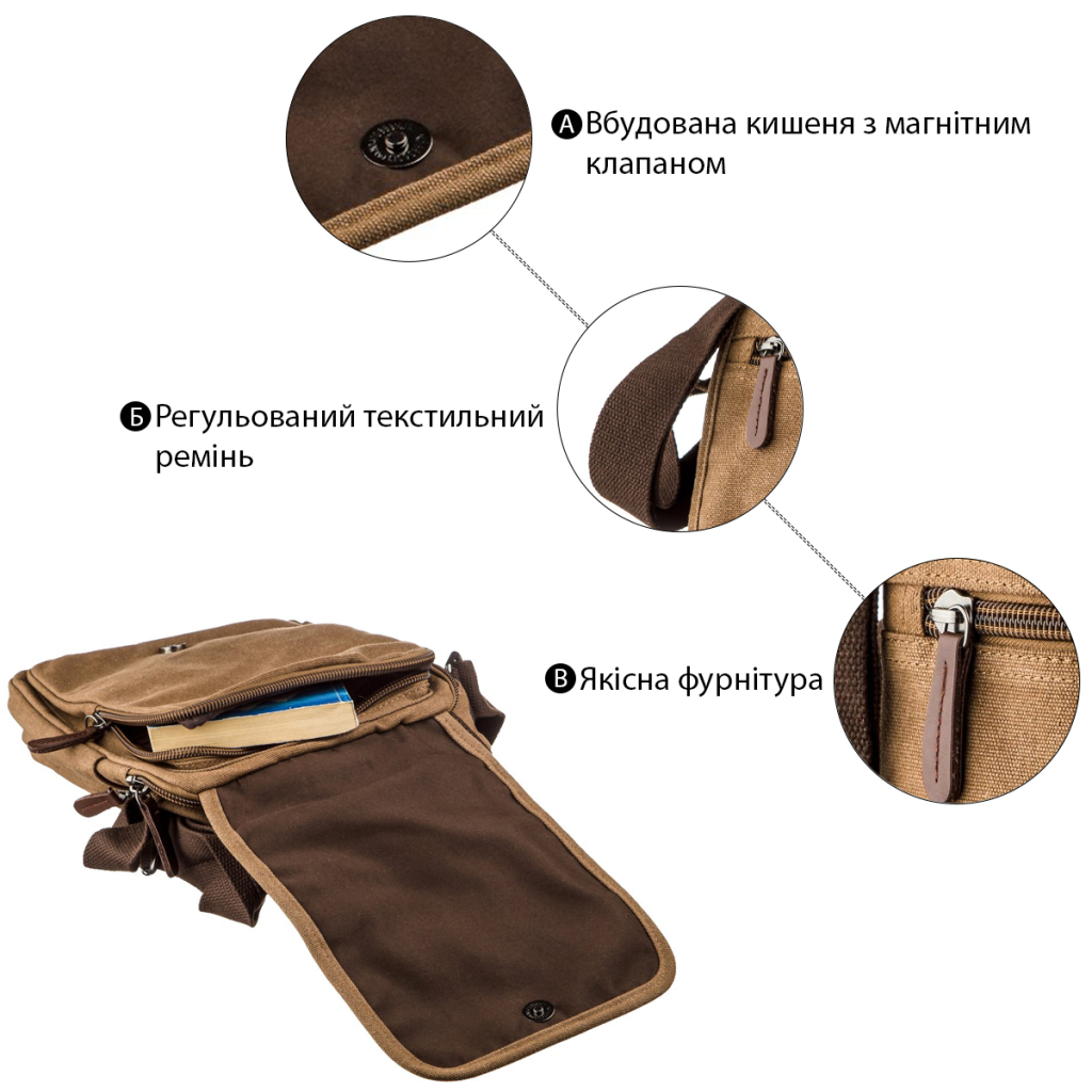 Сумка Vintage Текстильна чоловіча на два відділення Коричнева (20200) - зображення 4