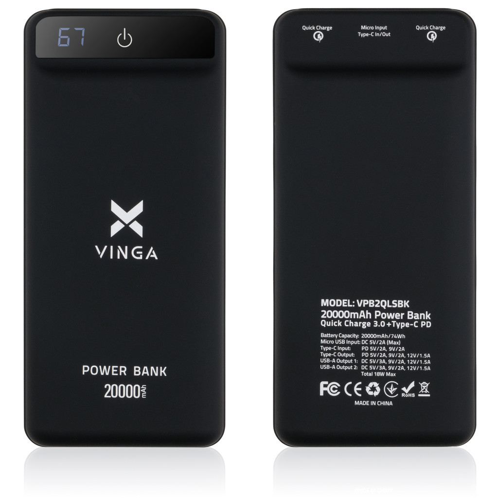 Батарея універсальна Vinga 20000 mAh QC3.0 Display soft touch black (VPB2QLSBK) - зображення 8