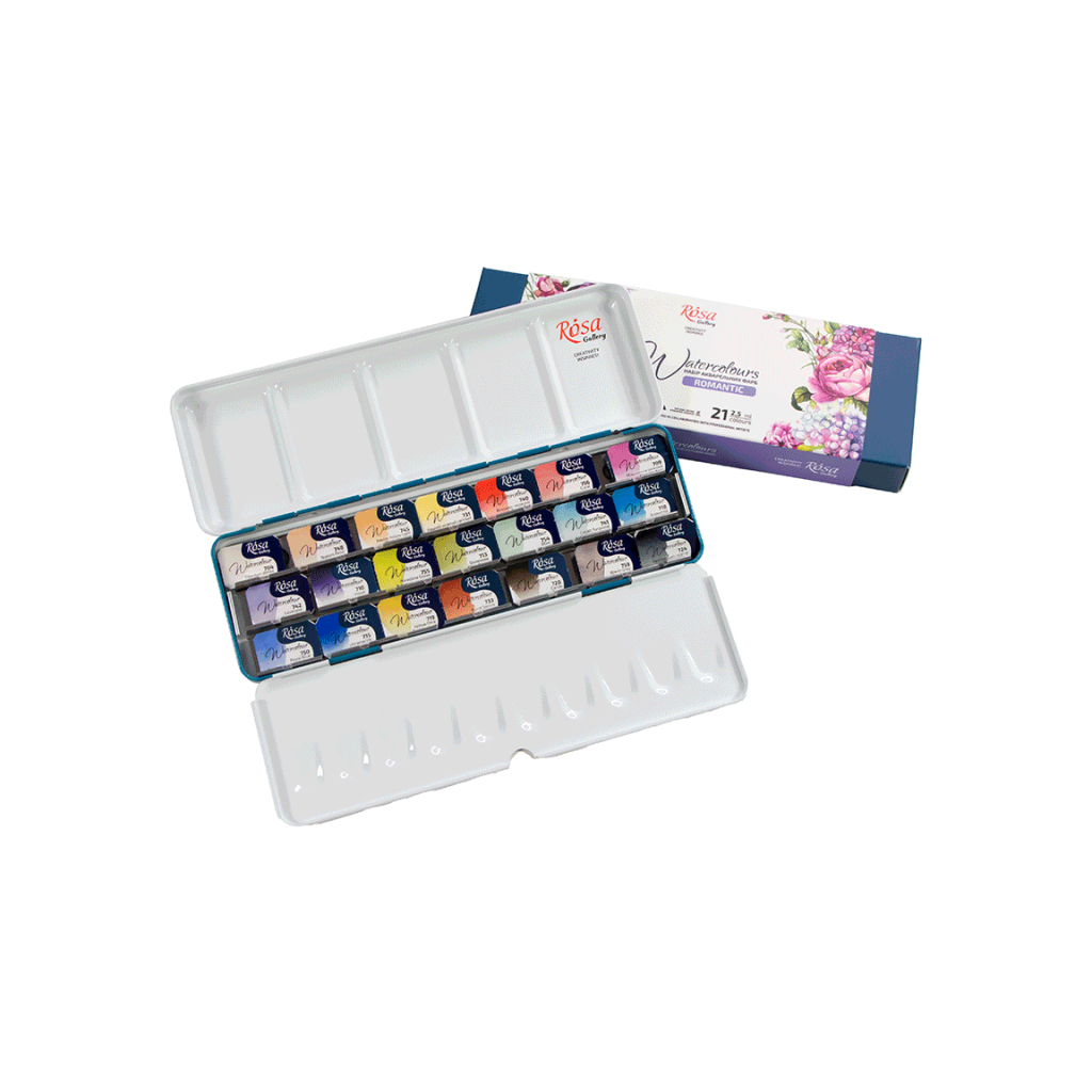 Акварельні фарби Rosa Gallery Romantic в металевому пеналі Бірюза 21 колір кювета (4823098525745) - зображення 3