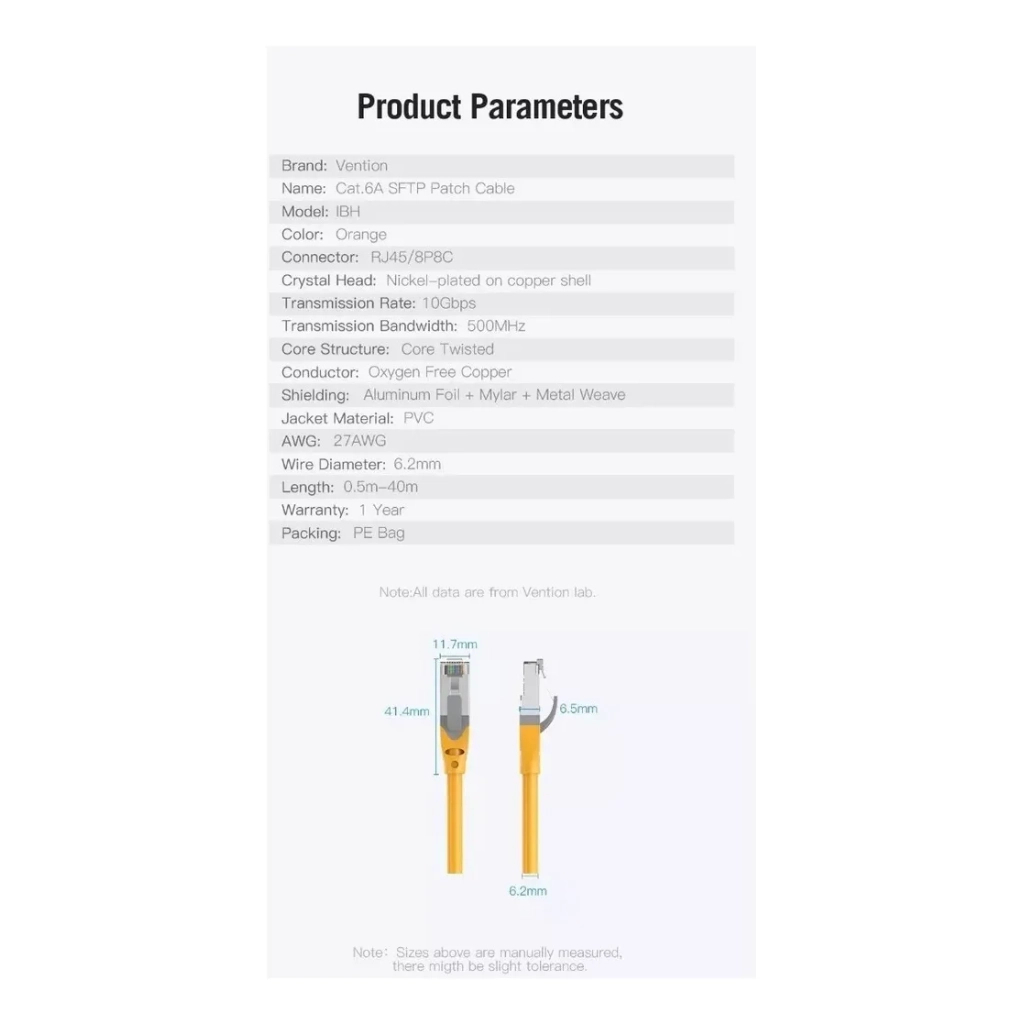Патч-корд 0.3м, S/FTP cat 6a RJ-45 yellow Vention (IBHYAA) - зображення 6