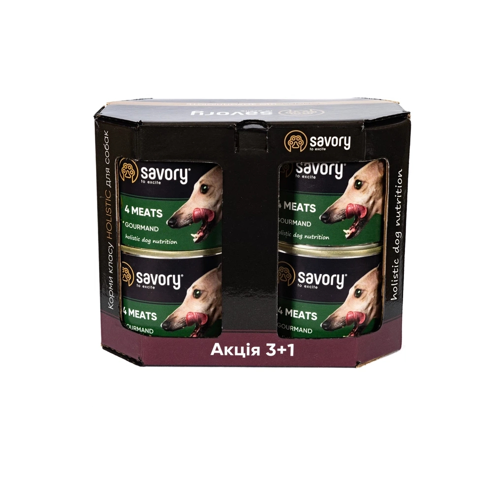 Консерви для собак Savory Gourmand "3+1" чотирма видами м'яса 4 шт х 200 г (2700000032695) - зображення 6