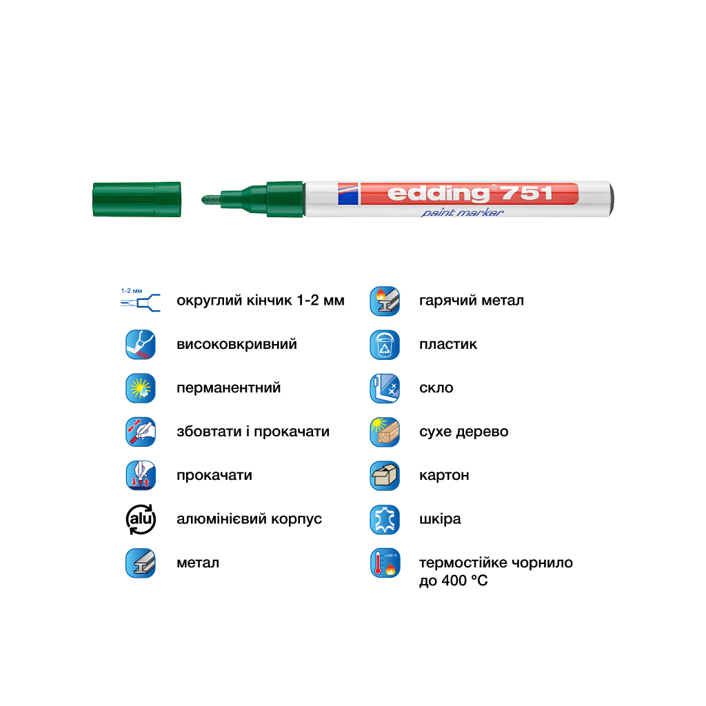 Маркер Edding Paint 1-2 мм круглий зелений (e-751/04) - зображення 4