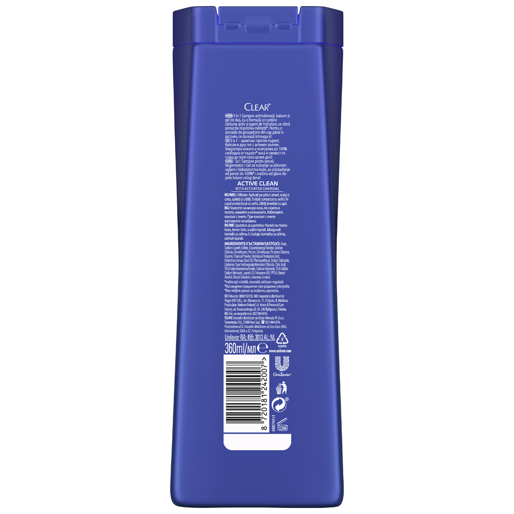 Шампунь Clear 3 в 1 З активованим вугіллям для чоловіків 360 мл (8720181242007) - зображення 2