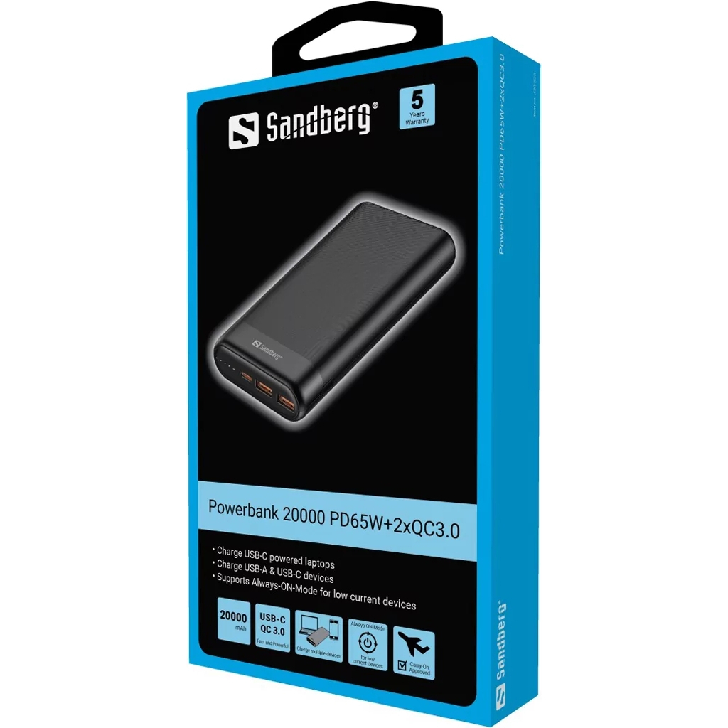 Батарея універсальна Sandberg 20000mAh, PD/65W, QC/3.0, Always-ON-Mode, +cable 100W (420-62) - зображення 4