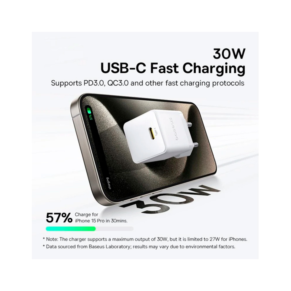 Зарядний пристрій Baseus Palm Fast Charger 1C 30W + Cable 1.0m Type-C 60W white (P10111605213-01) - зображення 6