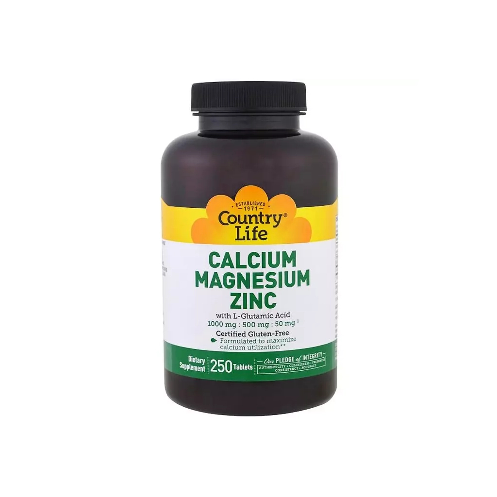 Мінерали Country Life Кальцій, Магній і Цинк з L-глютамін, Calcium Magnesium Zync, (CLF-02604) - зображення 1
