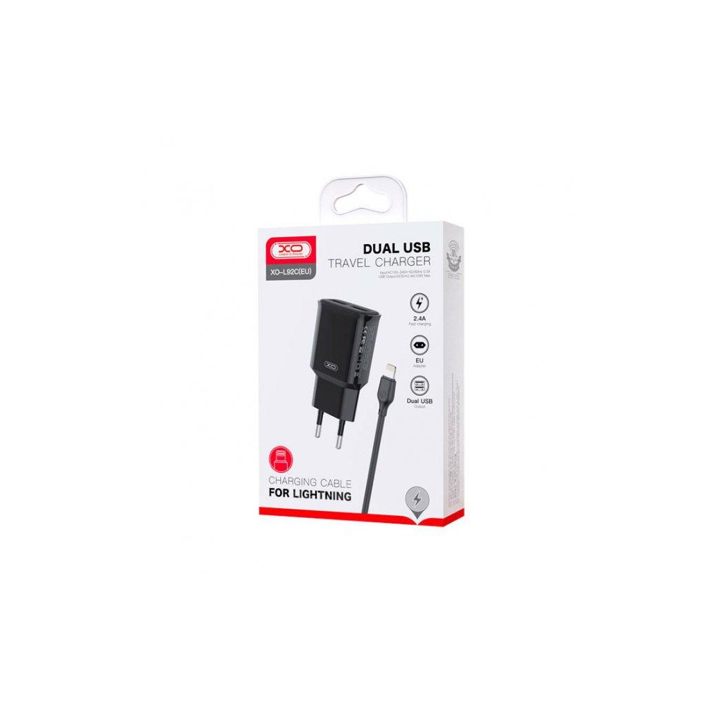Зарядний пристрій XO L92C (2USB/2.4A) + USB - Lightning Чорний (XO-L92C-L) - зображення 2