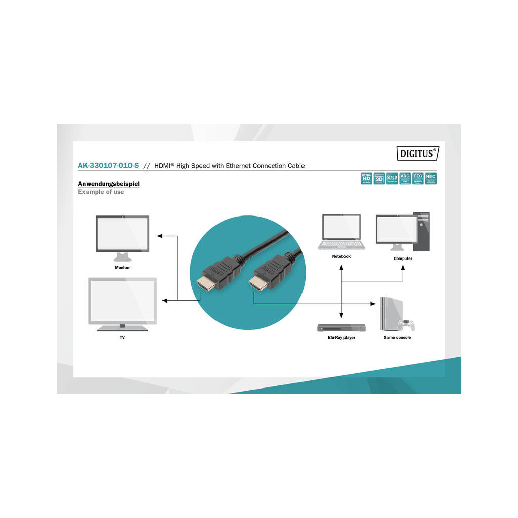 Кабель мультимедійний HDMI to HDMI 1.0m UHD 4K Digitus (AK-330107-010-S) - изображение 5