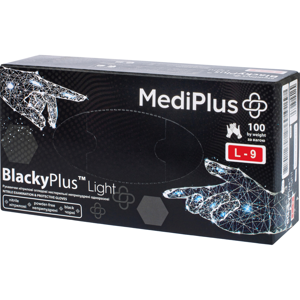 Медичні рукавички MediPlus BlackyPlus Light Нітрилові оглядові нестерильні неприпудрені Чорні Розмір L 100 шт. (6970245754515) - изображение 1