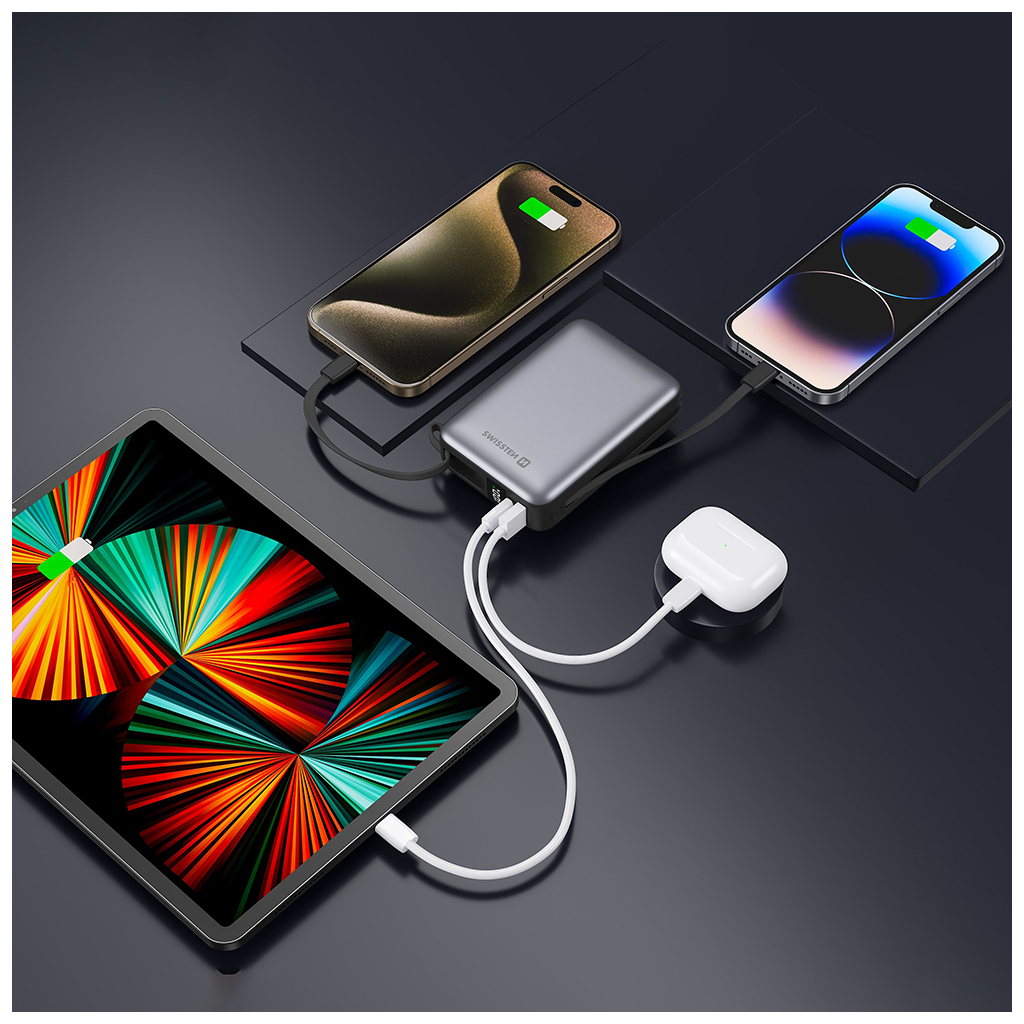 Батарея універсальна SWISSTEN 20000mAh SPACE 22/5W PD QC w/built-in cables USB-C/LIGHTNING Silver (8595217490598) - зображення 5