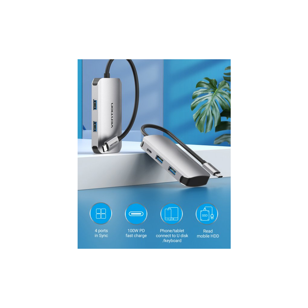 Концентратор Vention USB3.1 Type-C --> USB 3.0x4/PD 100W Hub 5-in-1 (TNBHB) - зображення 2