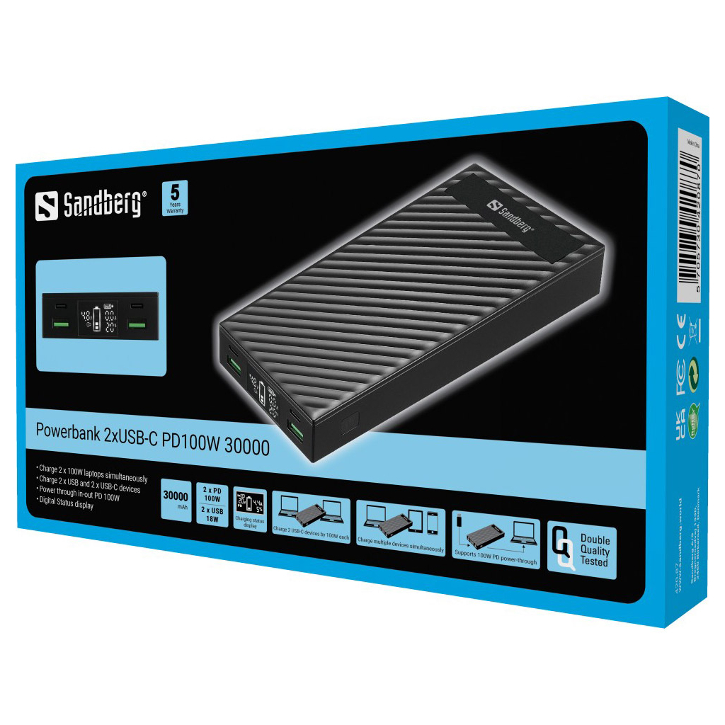 Батарея універсальна Sandberg 30000mAh, PD/100W, QC/3.0, UPS mode, +2*cable 100W (420-87) - зображення 4