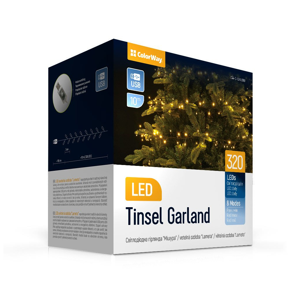 Гірлянда ColorWay Мішура LED 320 10 м 8 функцій теплий колір USB (CW-G-320L10U) - зображення 1