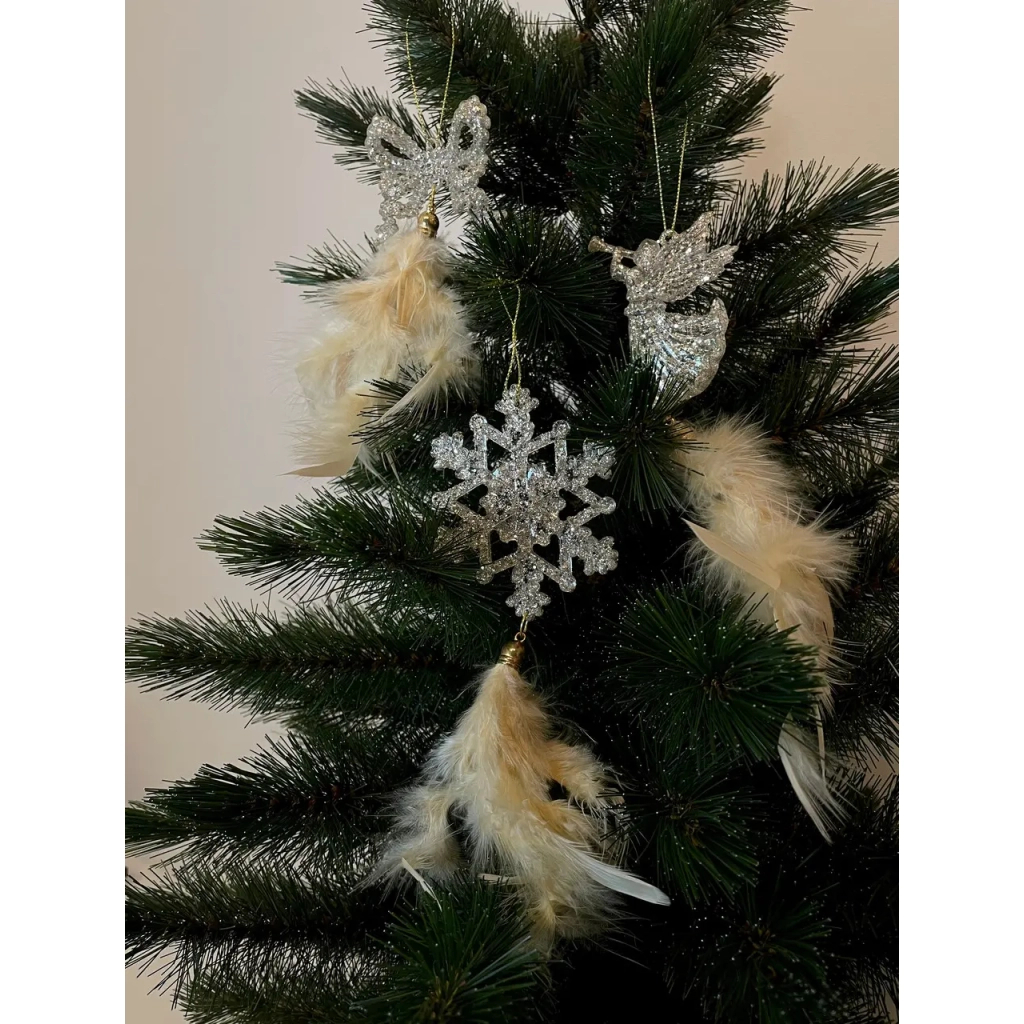 Ялинкова іграшка Chomik Янгол, бант, сніжинка з пір'ям, комплект 3 шт, 22 см, шампань (5900779855892) - зображення 5