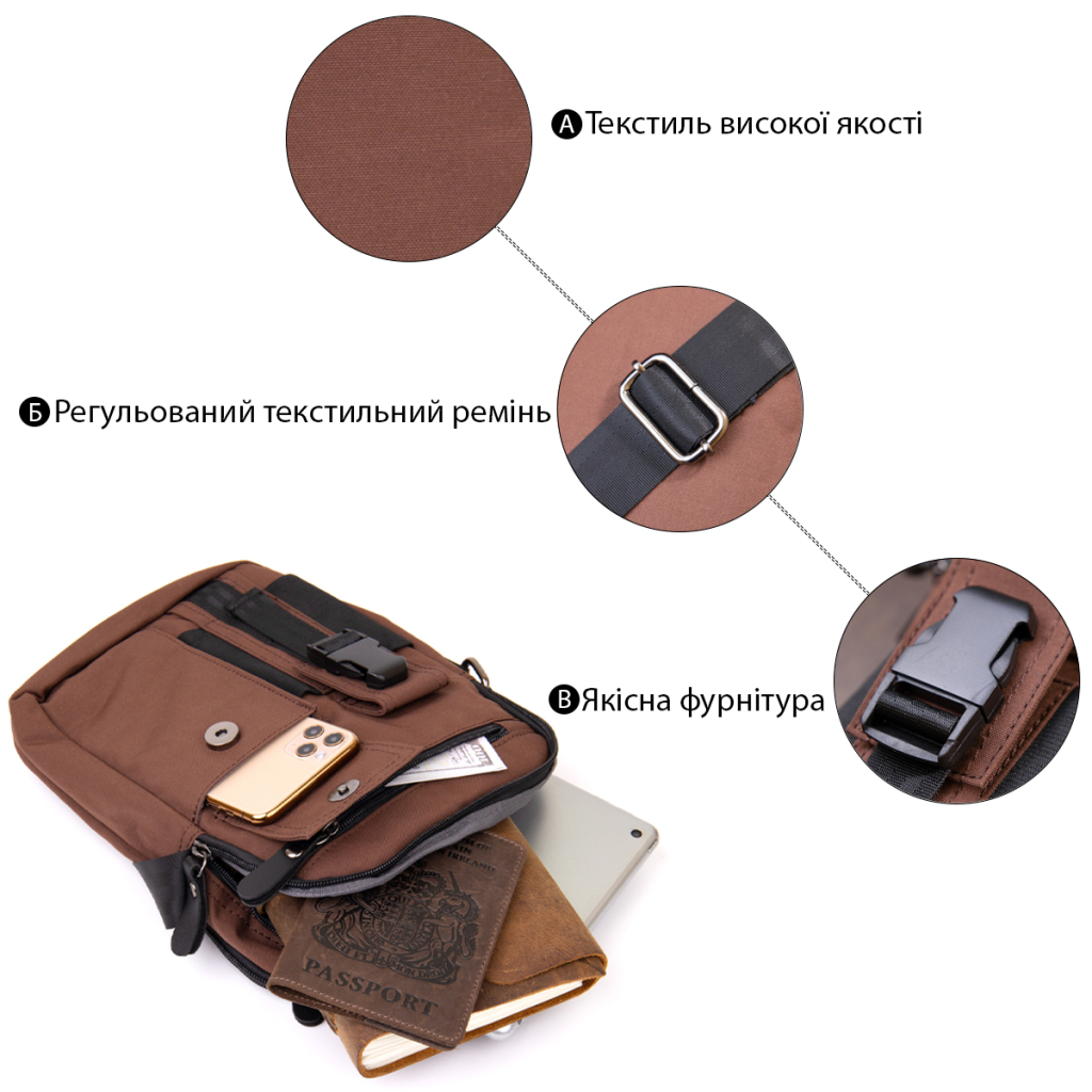 Сумка Vintage Текстильна чоловіча на два відділення Коричнева (20661) - зображення 4