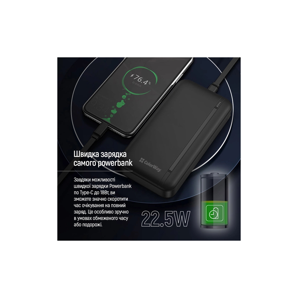 Батарея універсальна ColorWay 20 000 mAh Portable Charger (USB/QC3.0 + USB-C/PD/22.5W) Black (CW-PB200LPB4BK-PD) - зображення 12