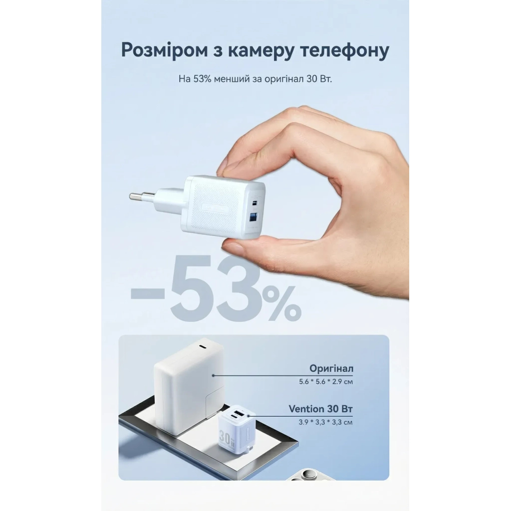 Зарядний пристрій VENTION 1xUSB-C PD30W + 1xUSB QC3.0 30W GaN white (FEQW0-EU) - зображення 5