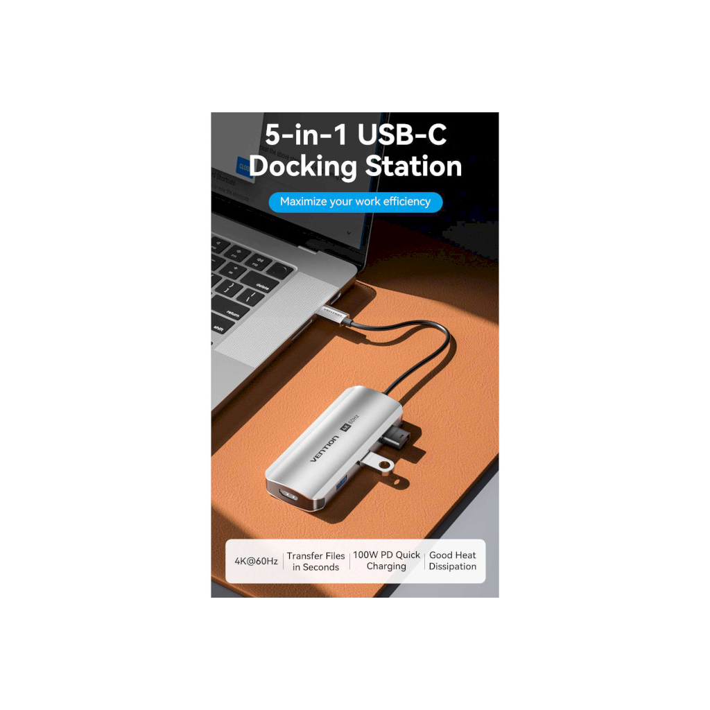 Концентратор Vention USB 3.1 Type-C to HDMI 4K60Hz/USB 3.0x3/PD 100W 5-in-1 (TQDHB) - зображення 2