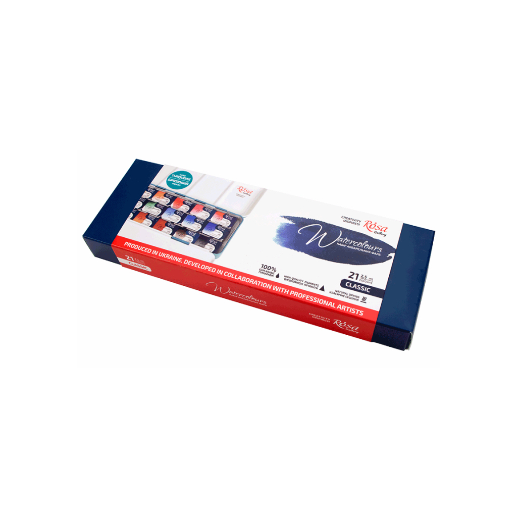 Акварельні фарби Rosa Gallery Класика в металевому бірюзовому пеналі 21 колір кювета (4823098525714) - изображение 1