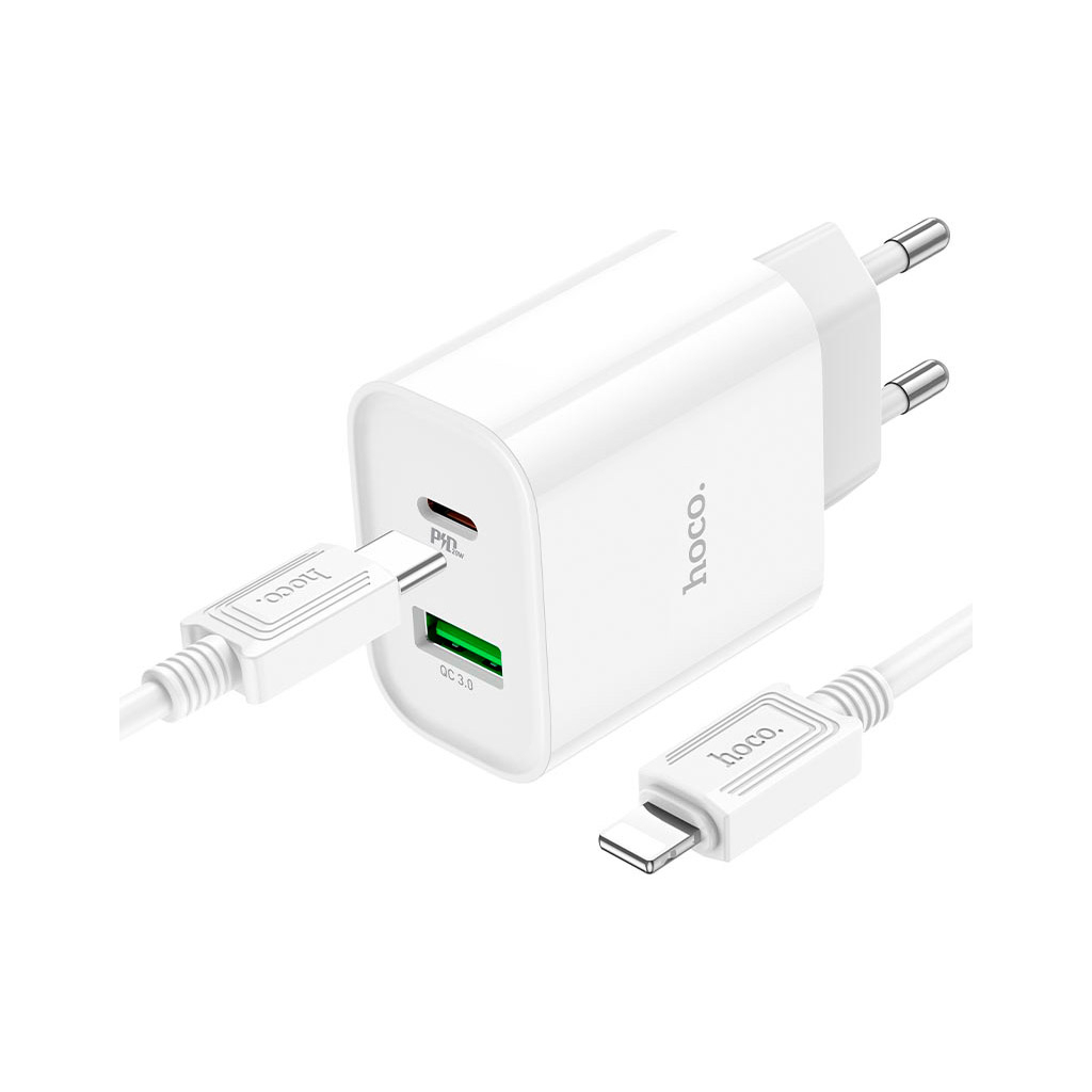 Зарядний пристрій HOCO C80A Plus Rapido 1xUSB-C PD20W + 1xUSB QC3.0 + cable USB-C to Lightning White (6931474779892) - зображення 2
