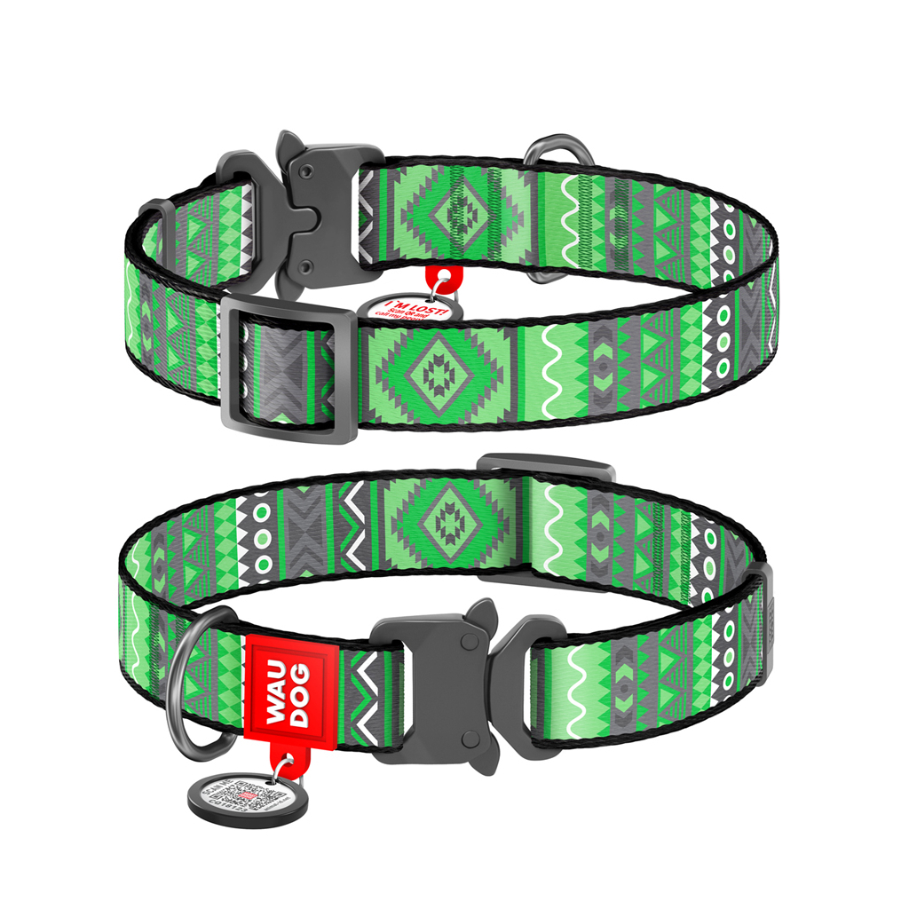 Нашийник для тварин WAUDOG Nylon з QR паспортом "Етно зелений" металева пряжка-фастекс XXL (4535-0132) - зображення 1