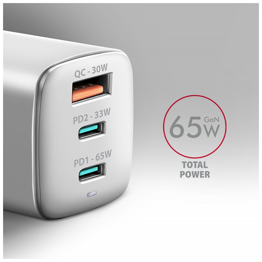 Зарядний пристрій AXAGON 1xUSB + 2xUSB-C 65W QC4+ PD3.0 PPS white (ACU-DPQ65W) - зображення 3