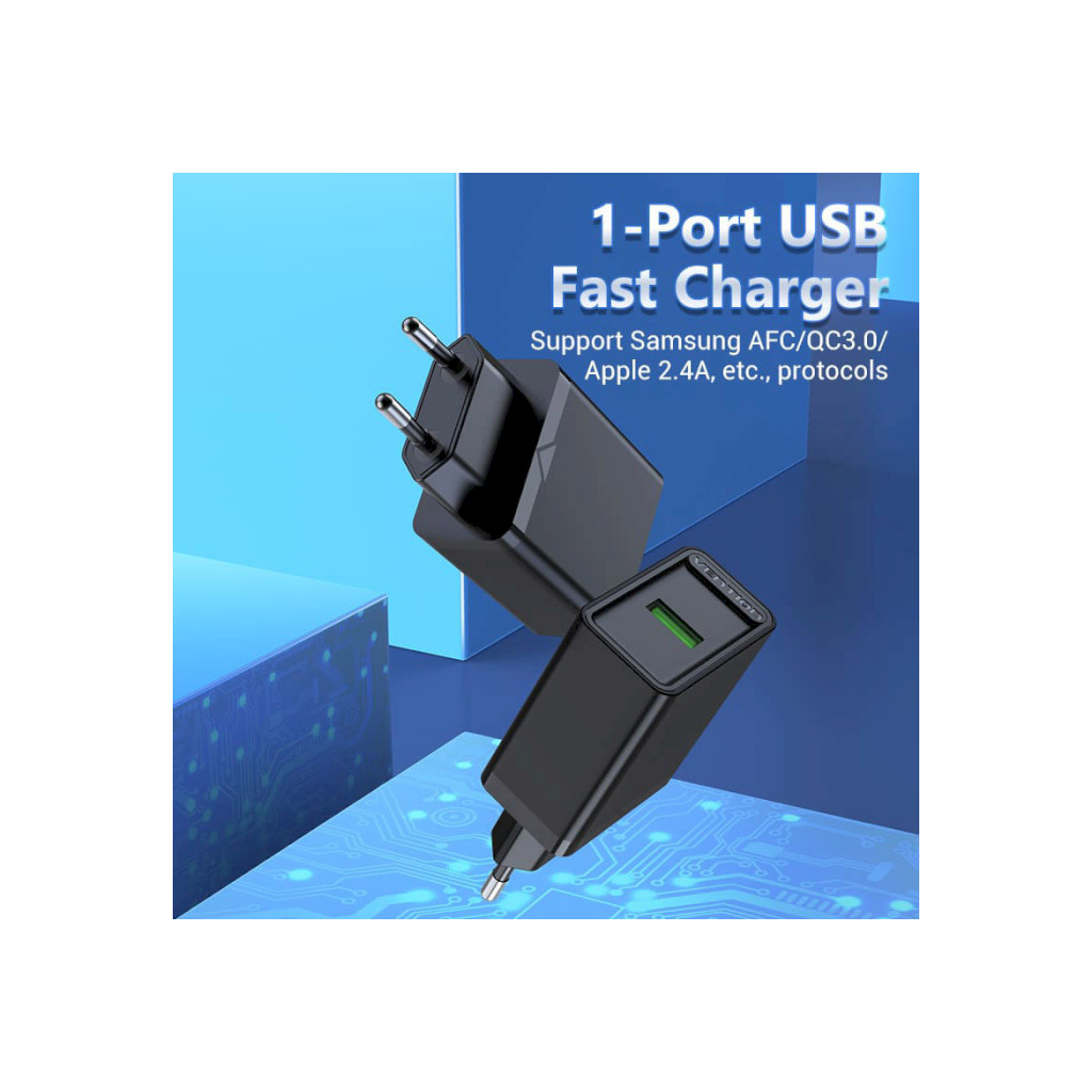 Зарядний пристрій Vention 1xUSB 18W (USB-A) QC3.0 black (FABB0-EU) - зображення 4