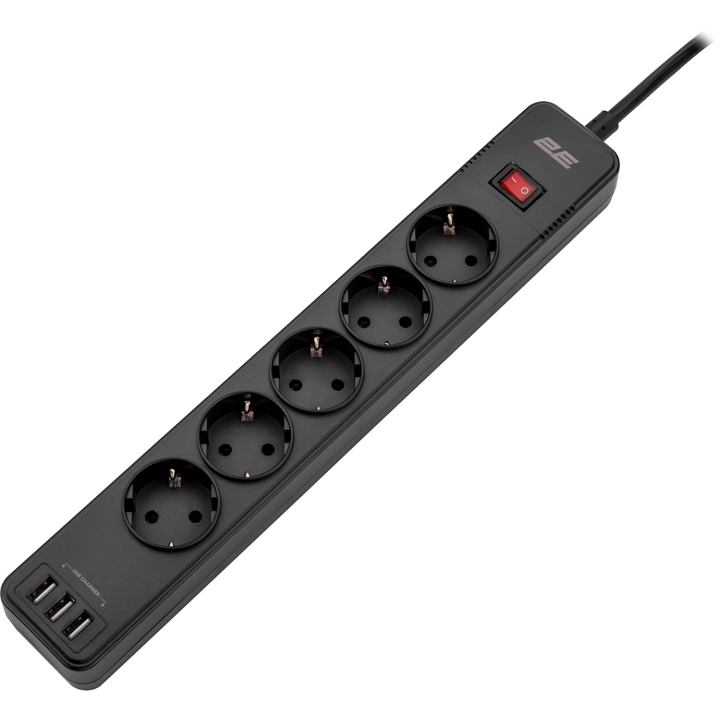 Мережевий фільтр живлення 2E 5XSchuko, 3G*1.5мм, 3*USB-A, 2м, black (2E-SP515M2USBBK) - зображення 3
