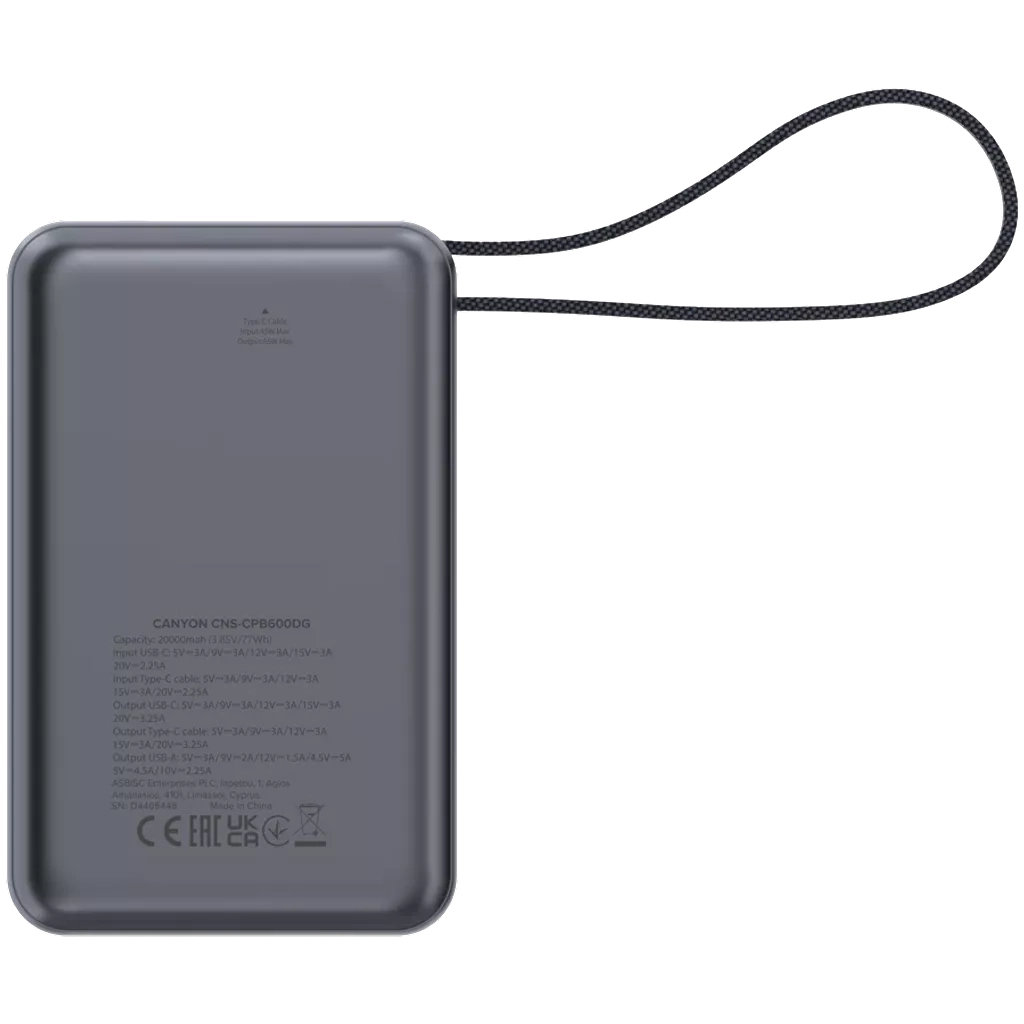 Батарея універсальна Canyon 20000mAh OnPower 600 PD/65W built-in cable Dark Grey (CNS-CPB600DG) - зображення 5