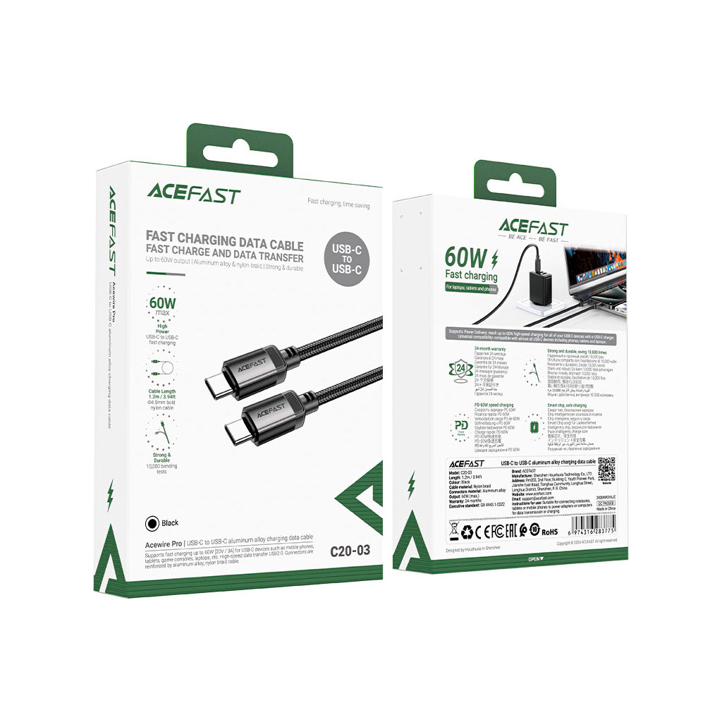 Дата кабель USB-C to USB-C 1.2m 3A aluminum alloy C20-03 Black Acefast (6974316283775) - зображення 5