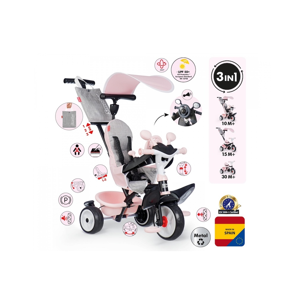 Дитячий велосипед Smoby Бебі Драйвер. Рожева перлина" з козирком, металевий (7600741504) - зображення 4