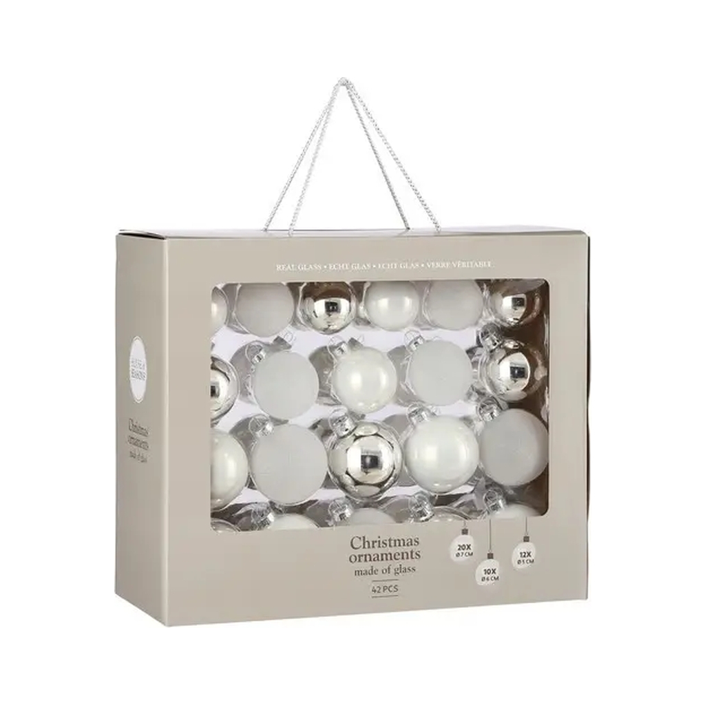 Ялинкова іграшка House Of Seasons Скляні кульки 42 шт D7 см D6 см D5 см Білі (8718861800692) - изображение 1