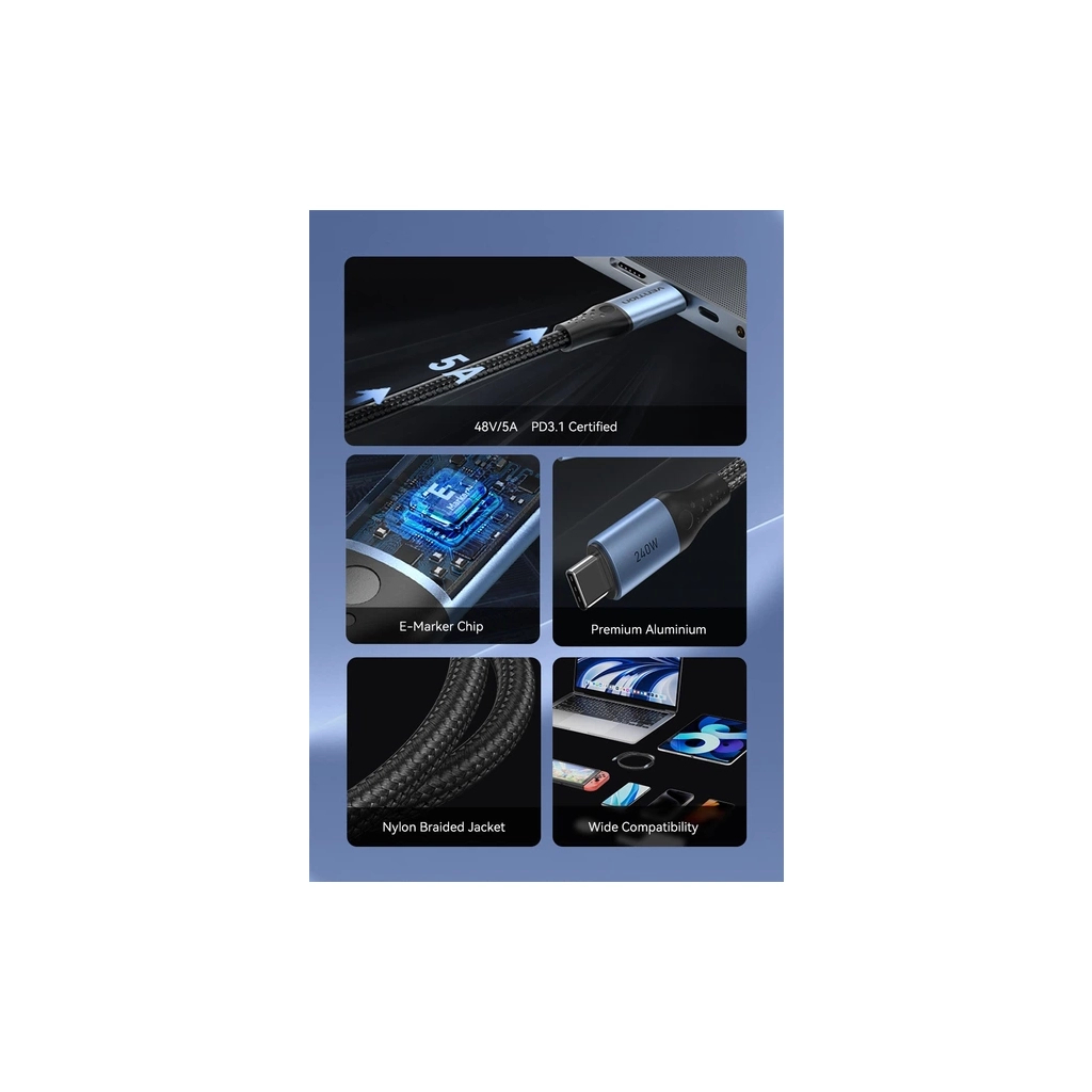 Дата кабель USB-C to USB-C 1.5m 240W aluminum black Vention (TREBG) - изображение 3