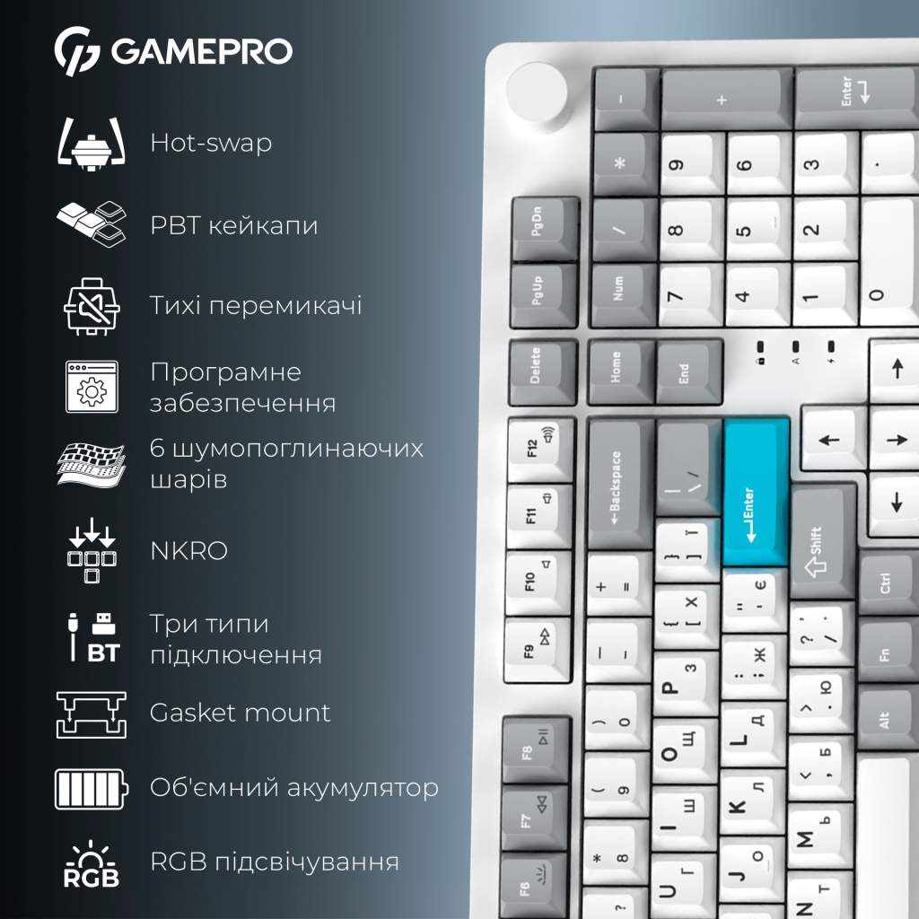 Клавіатура GamePro Asgard Drakkar Keychron Super Red Switch Wireless/Bluetooth/USB UA White (MK305WH) - изображение 20