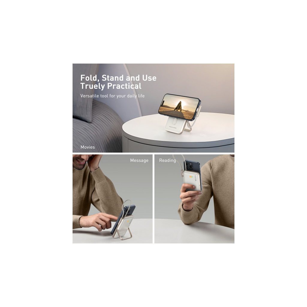 Батарея універсальна Choetech Magnetic Wireless 10000mAh 20W, PD, Qi-15W, USB-C In/Out, buid-in cabel, White (B735-CCWH) - зображення 7